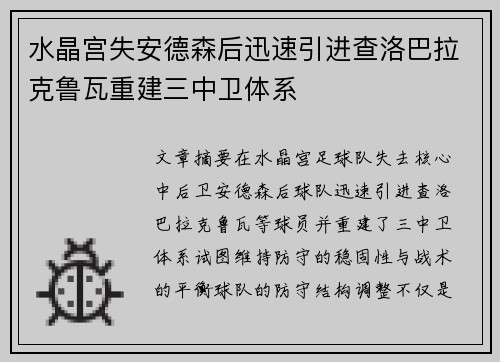 水晶宫失安德森后迅速引进查洛巴拉克鲁瓦重建三中卫体系 水晶宫失安德森后迅速引进查洛巴拉克鲁瓦重建三中卫体系