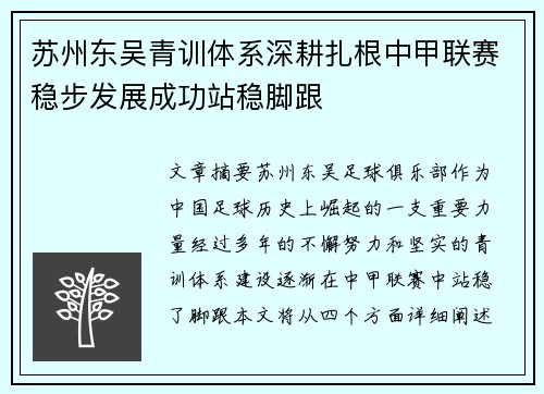 苏州东吴青训体系深耕扎根中甲联赛稳步发展成功站稳脚跟